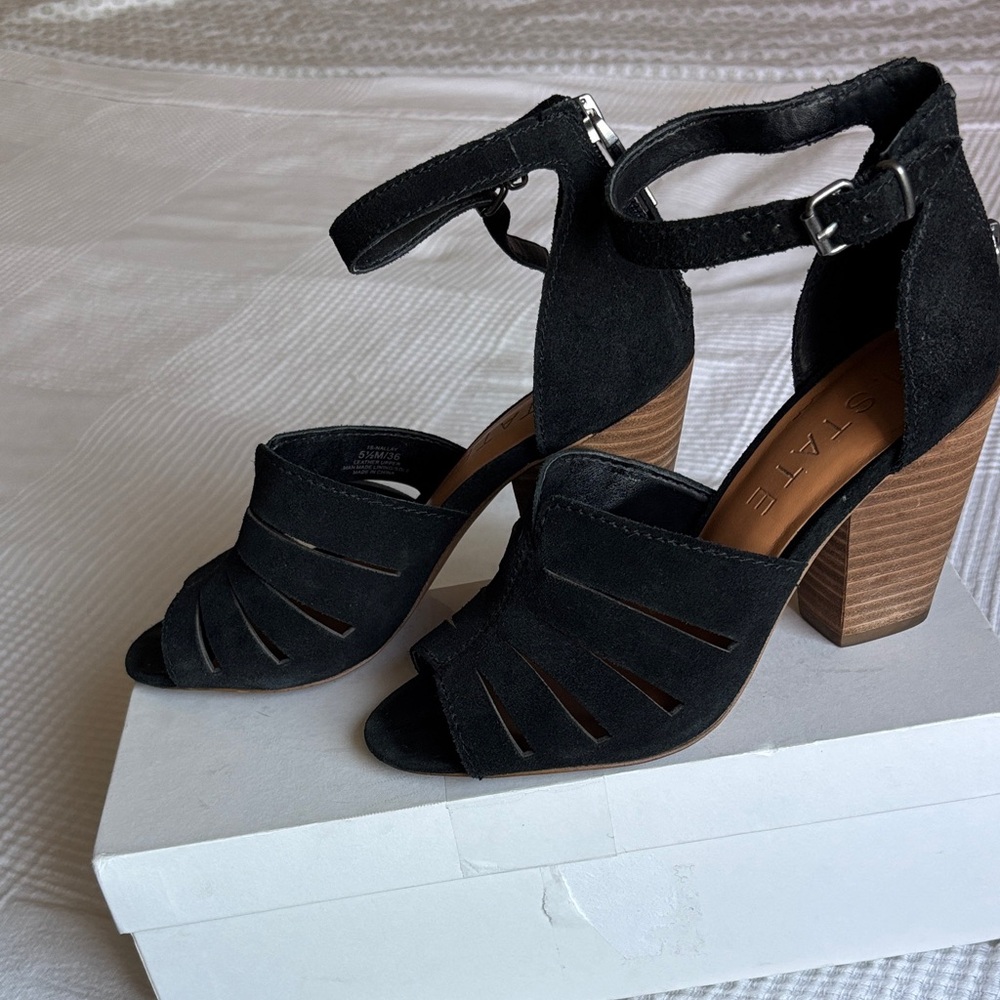 1. State Black Suede leather Cutout Peep-Toe Ankle-Strap Block Heels